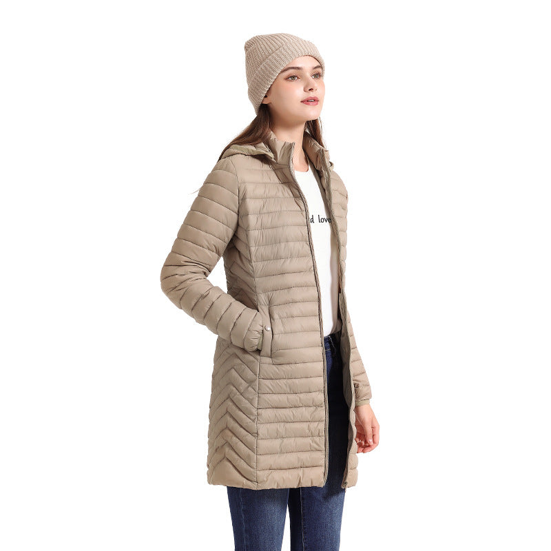 Women's Fall/Winter Lightweight Mid-Length Slim-Fit Cotton-Padded Jacket Removable Hooded Casual Commuter Coat