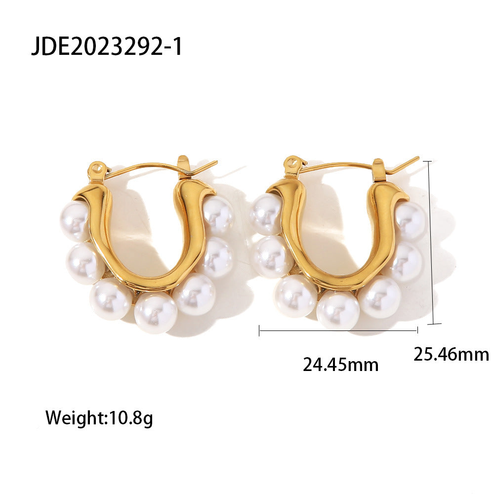 5pcs Titanium Steel Earrings 18K Gold/Steel Color Stainless Steel Set With White Pearl Earrings Jewelry