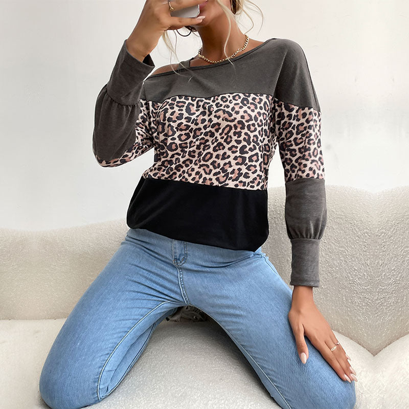 Autumn and Winter New Leopard Print Splicing Top:  Line Collar, Hollowed Out Shoulders, and Casual Elegance