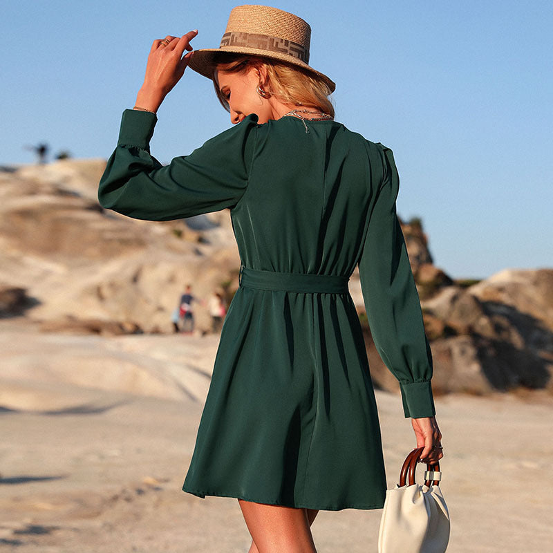 Summer New Solid Color Short Skirt Round Neck Long-Sleeved Green Dress