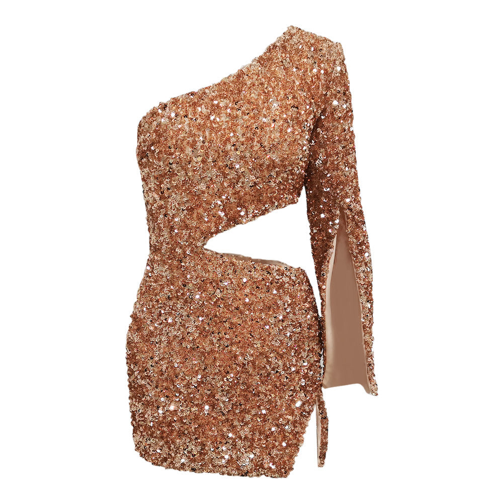 Women's One-Shoulder Sexy Miniskirt High-Waisted Hollowed Out Nightclub Party Dress Sequins