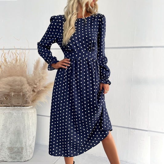 Fashion Women's Autumn And Winter New Long-Sleeved Blue Dot Mid-Length Dress