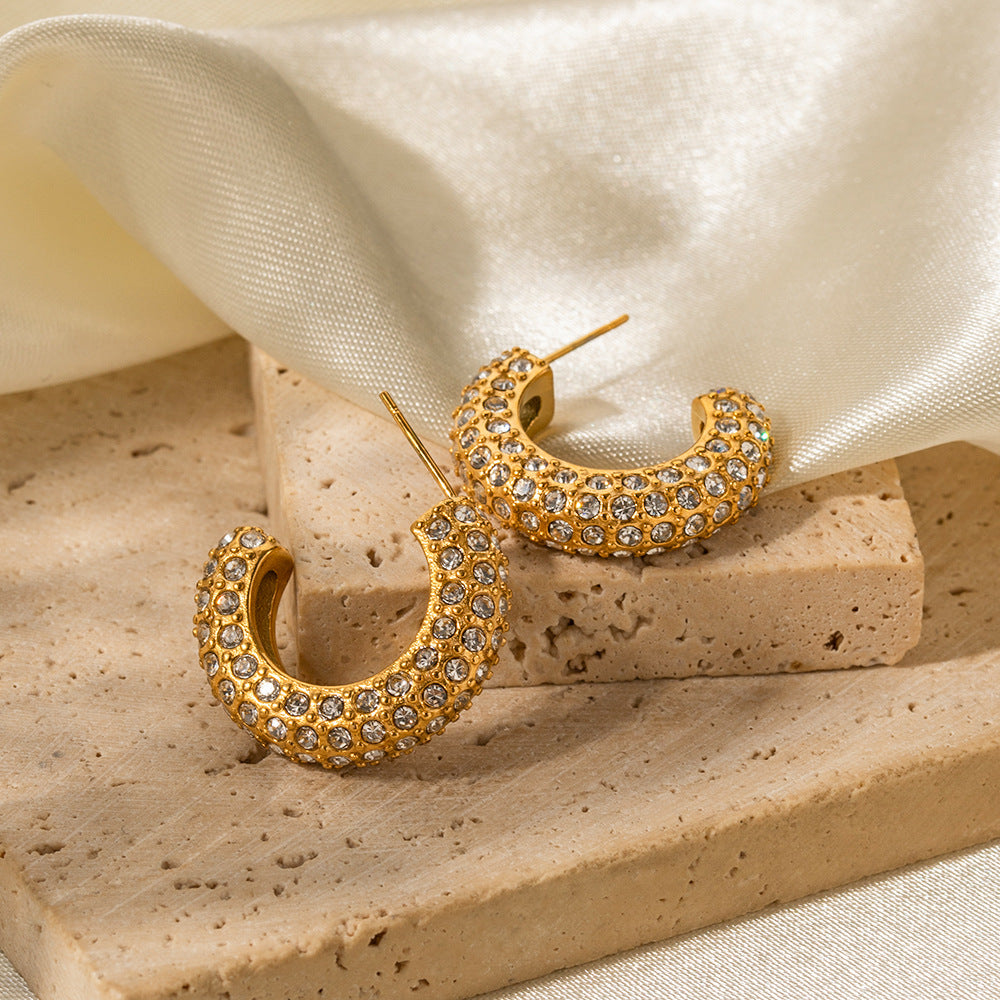 5pcs Earrings 18K Gold Stainless Steel Set With White Diamond C-Shaped Advanced Design Timeless Earrings For Women