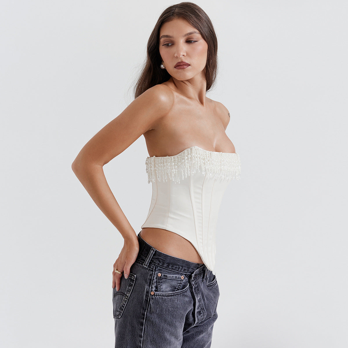 New Hottie Wears A Women's Pearl Tank Top And Fishbone Corset With Irregular Crop Top