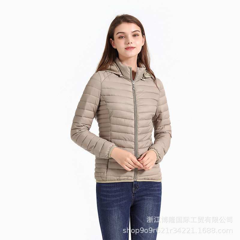 Women's Autumn And Winter Zipper Temperament Commuter Boutique Short With Hat Can Be Detachable Solid Color Stand Collar Light Cotton Jacket