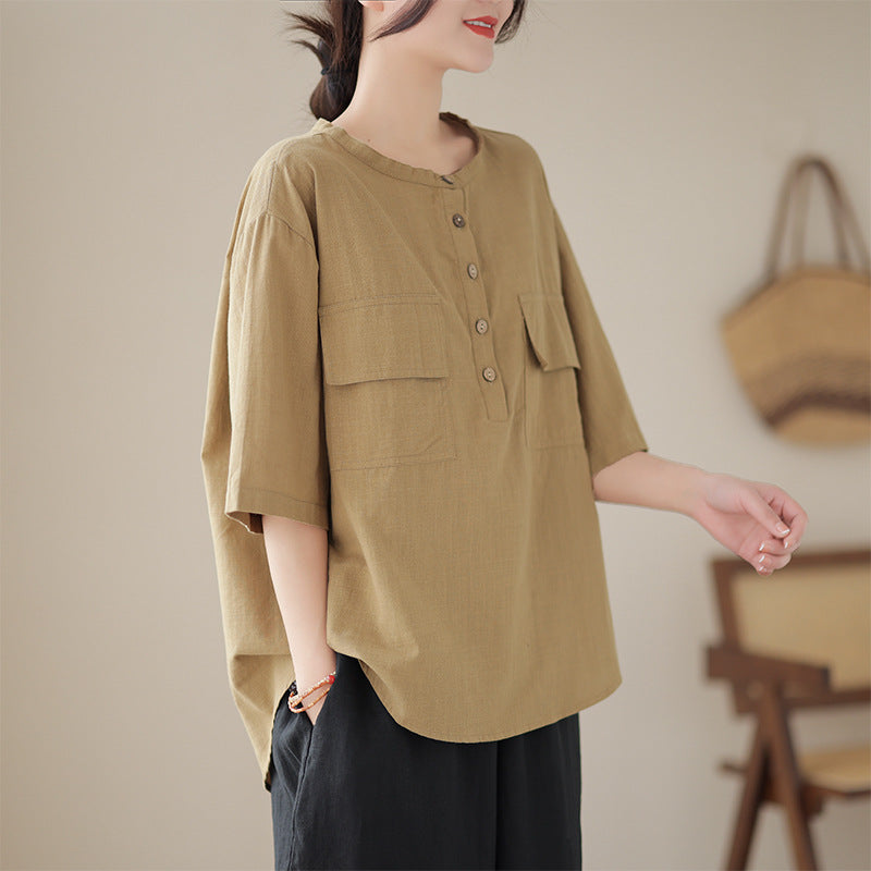 Linen Shirt Woman Summer Collar Large Size Loose Casual Shirt Short Sleeve Blouse Fat T-Shirt Woman