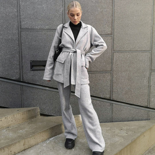 Autumn And Winter Fashion Women Commute Grey Wool Coat Fashion Suit Suit Design Sense Two-Piece