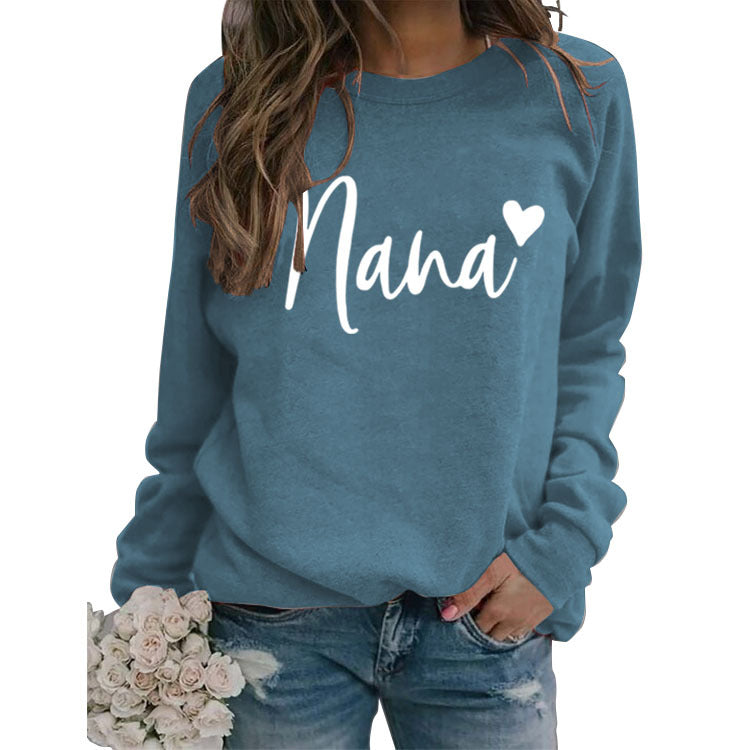 Nana Love Letter Printed Round Neck Long Sleeve Loose Plus Size Hoodie