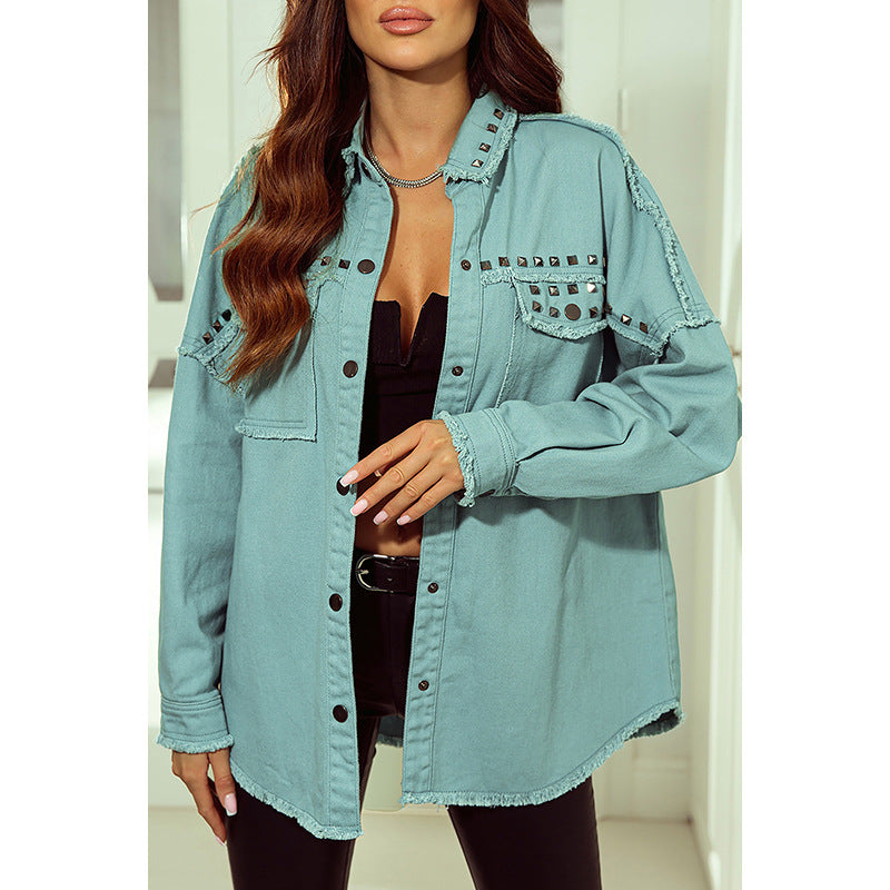 Autumn New Solid Color Denim Coat Female Personality Woolen Rivet Jacket Female