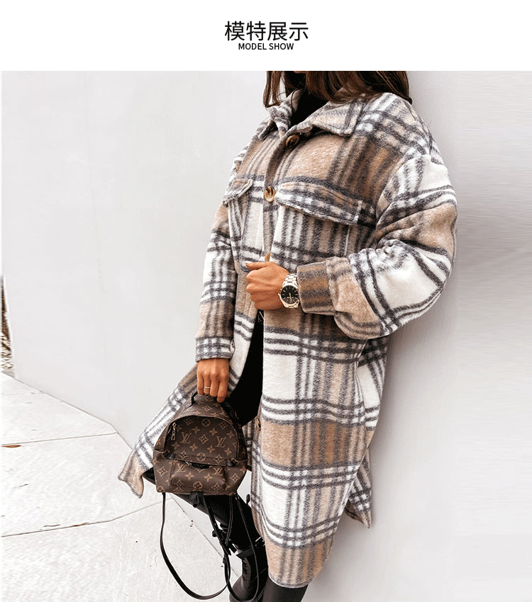 Autumn And Winter Long-Sleeved Checkered Trench Coat Wool Lapel Shirt Coat