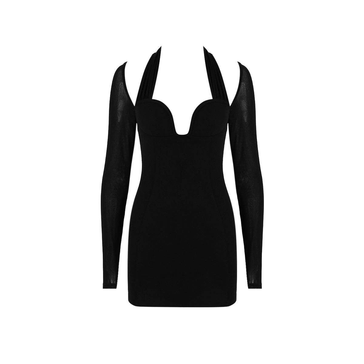 Women's Gauze Long Sleeve Sexy V-Neck Hollowed-Out Buttock Skirt Slim Neck Hanging Black Dress Woman