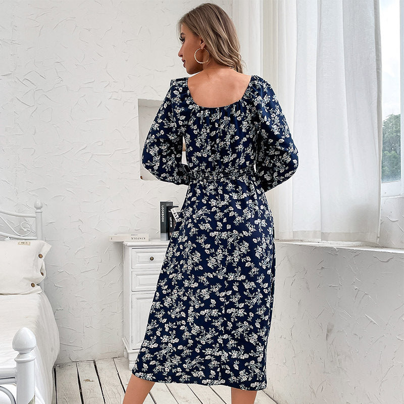 Fashion Women's Blue Long-Sleeved One-Shoulder Floral Dress Autumn