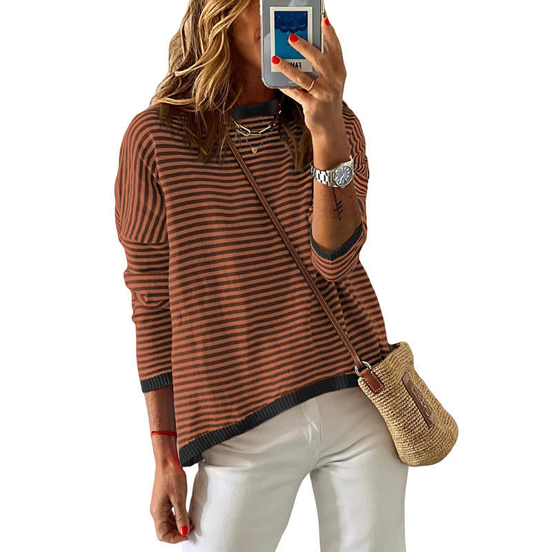 Contrast Color Border Striped Off Shoulder Sweater Woman Loose 100 Long Sleeve Knitted Pullover Blouse Woman