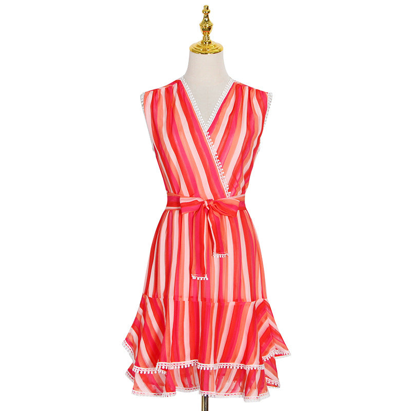 Stripes Contrast Color A-Line Skirt Spring New Fashion V-Neck Sleeveless Chiffon Ruffled Dress Women