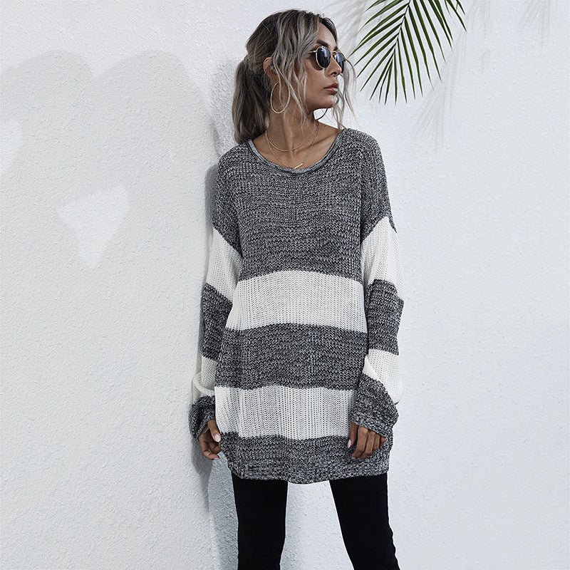 Striped Matching Color Sweater With Sweater Women's Medium Length