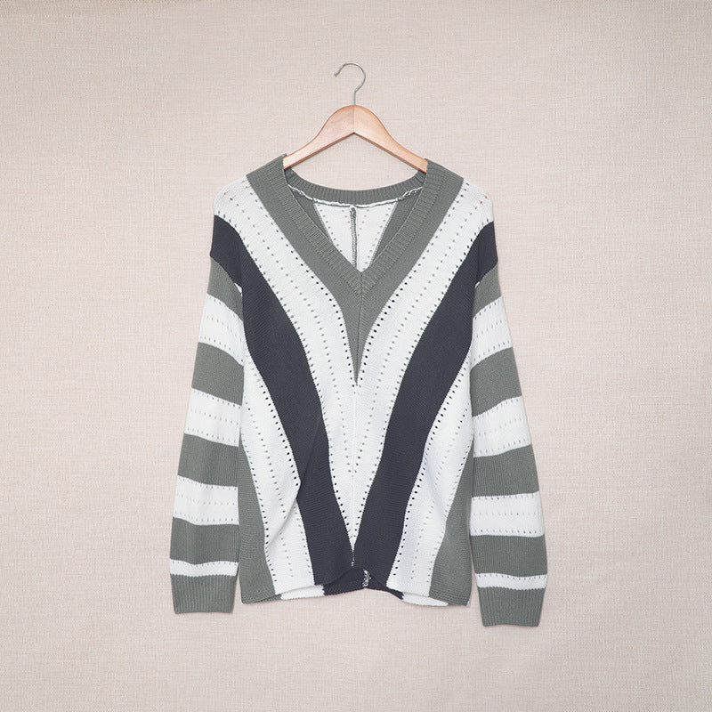 Casual V-Neck Loose Sweater Woman Autumn And Winter New Fashion Striped Color Pullover Sweater Woman