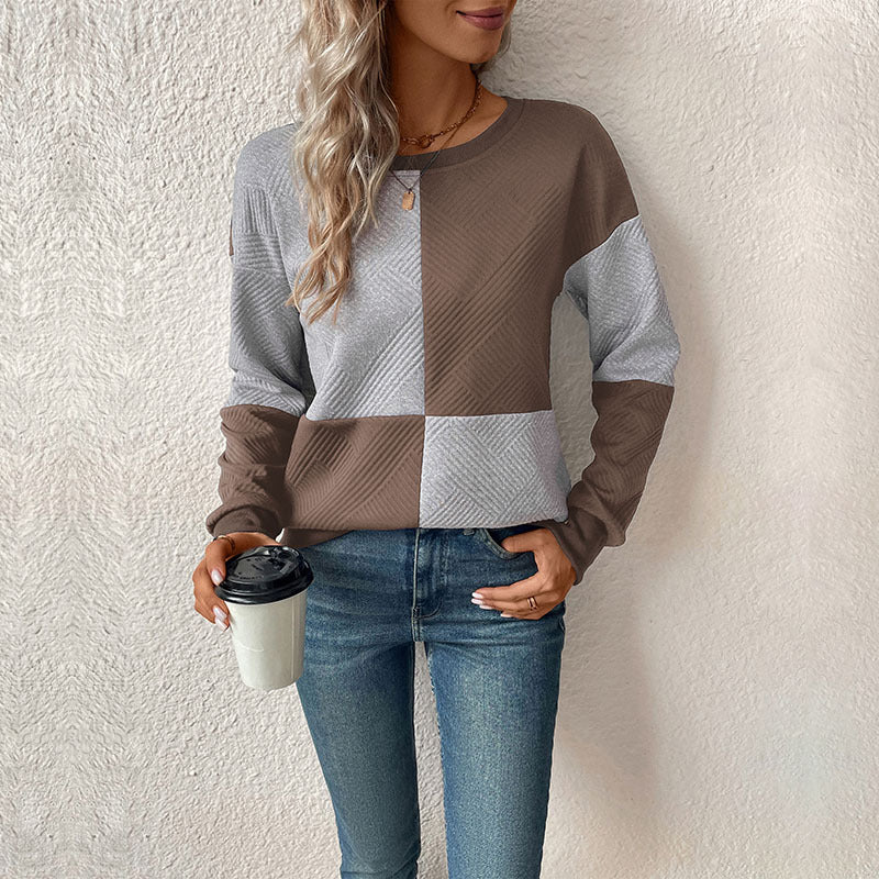 Women's New Autumn Long Sleeve Matching Color Pullover Round Neck Hoodie