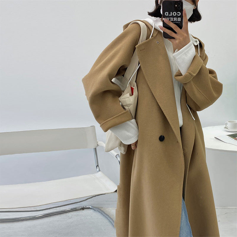 Hooded Long Autumn And Winter New Loose And Lazy Woolen Coat Double-Sided Wool Coat Woman