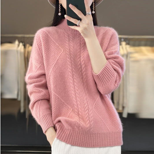 Diamond Twist Thickened Half Turtleneck 100 Woolen Sweater Women's Loose Pullover Long-Sleeved Base Sweater