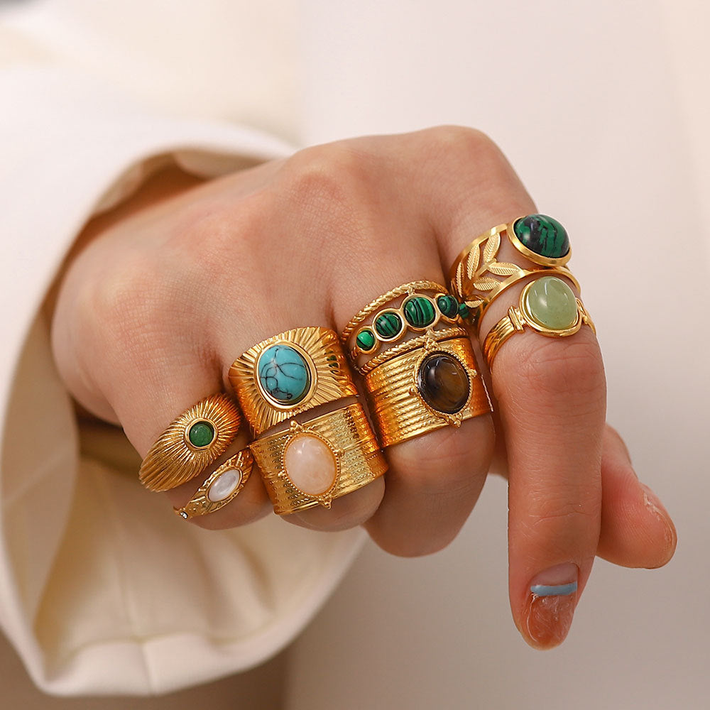 5pcs Vintage Stainless Steel Ring 18K Gold Plated Ring Set With Malachite Jewelry Accessories