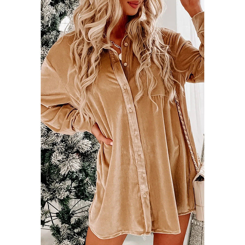 Autumn New Solid Color Shirtdress Female Commuter Everything With Loose Flesh Velvet Dress Female