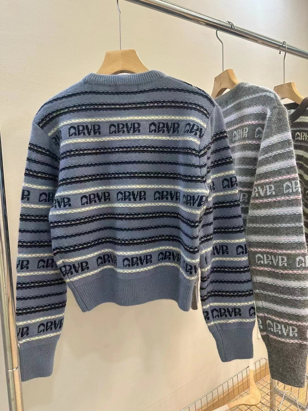 Vintage Striped Letter Jacquard Crew-Neck Sweater Women's Casual Loose Fall/Winter Sweater