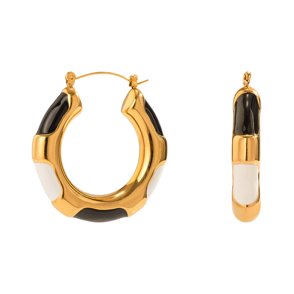 5pcs New Titanium Steel Gold-Plated Earrings Fashion 18K Gold Stainless Steel Dripping Hollow Tube Black And White Interconnect Earrings