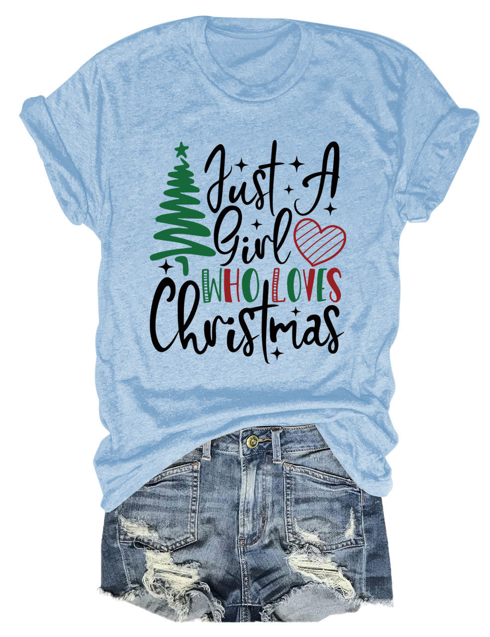 New Just A Girl Fun Christmas Tree Print Round Neck Short Sleeve Female Spot