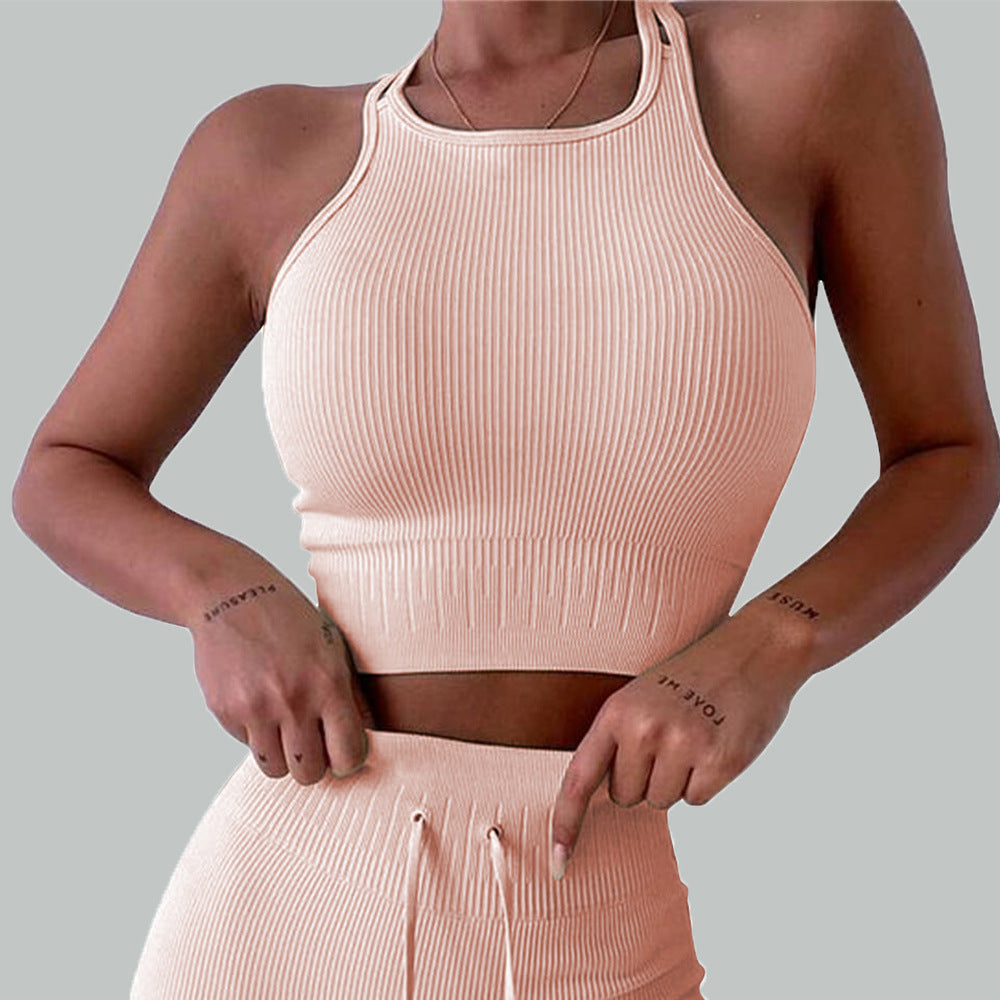 Solid Color Striped Yoga Suit High-Neck Bra With Straps Tight Pants Sports Fitness Pants For Women