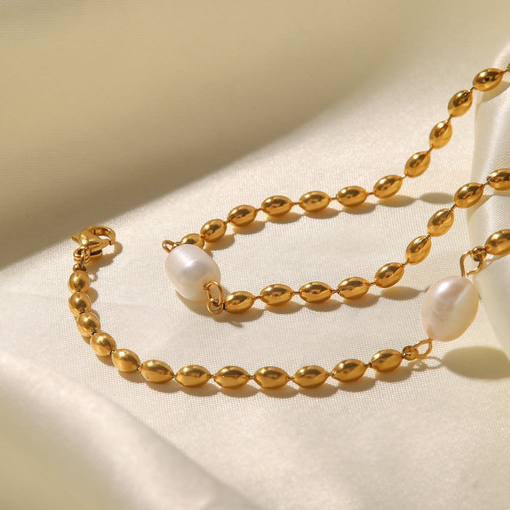 5pcs Niche Design Fashion Fasteners Natural Light Pearl Oval Gold Bean Titanium Steel Bracelet/Necklace