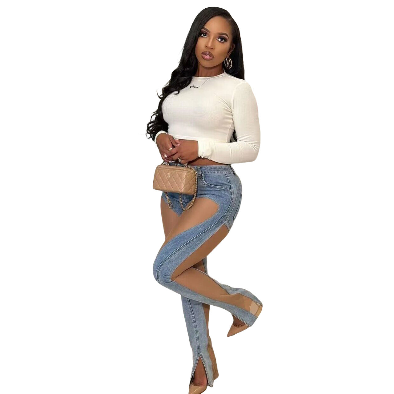 New Sand Combination See-Through Slit Stretch Slim Jeans With Hip Lift