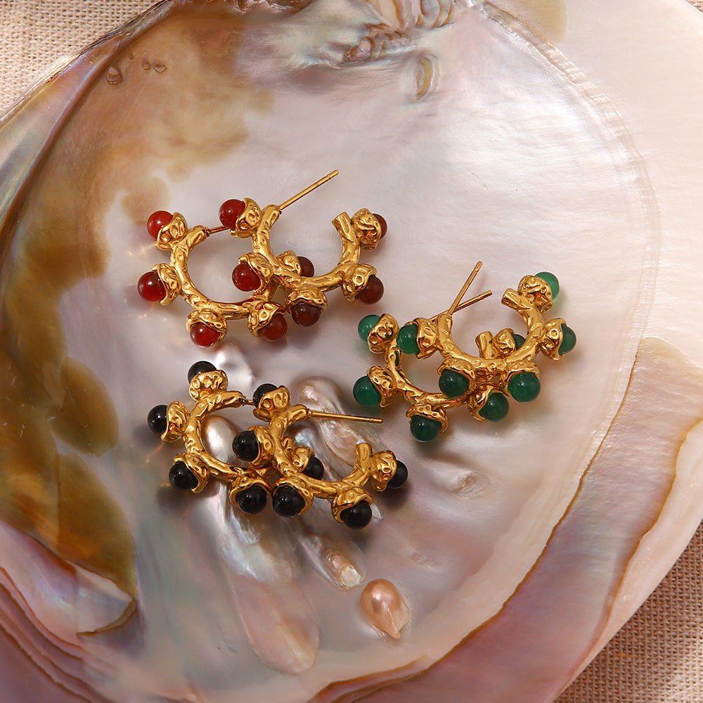 5pcs Retro Texture Jade Series Red/Green/Black Natural Stone Embellished Earrings Women's Of All Matching Earrings