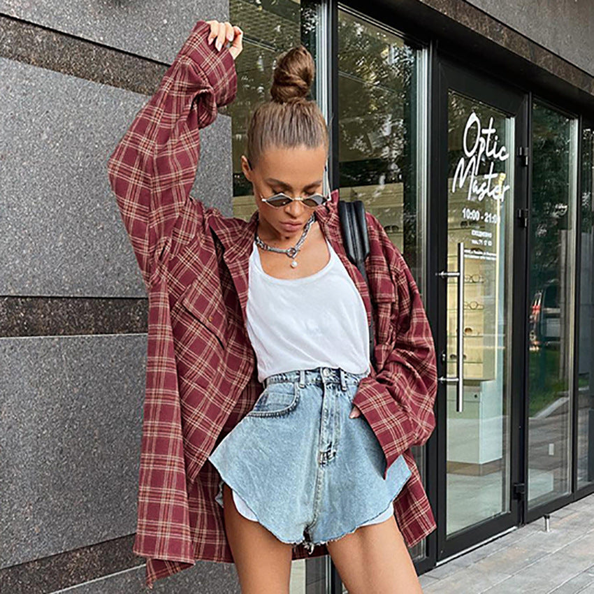 Autumn New Vintage American Red Scottish Plaid Vintage Shirt Women's Casual Loose Long-Sleeved Shirt