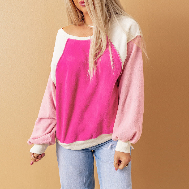 Spring New Rose Color Long-Sleeved Pullover Fleece Sweater Ladies Loose Crew-Neck Fleece Sweater Women