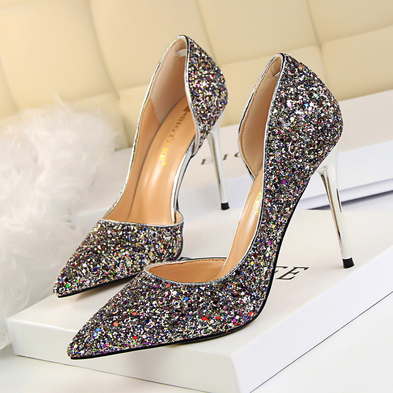 Sexy Nightclub Slim Women's Shoes With Slim Heels, High Heels, Shallow Mouth, Pointed Side Hollowed Sequins