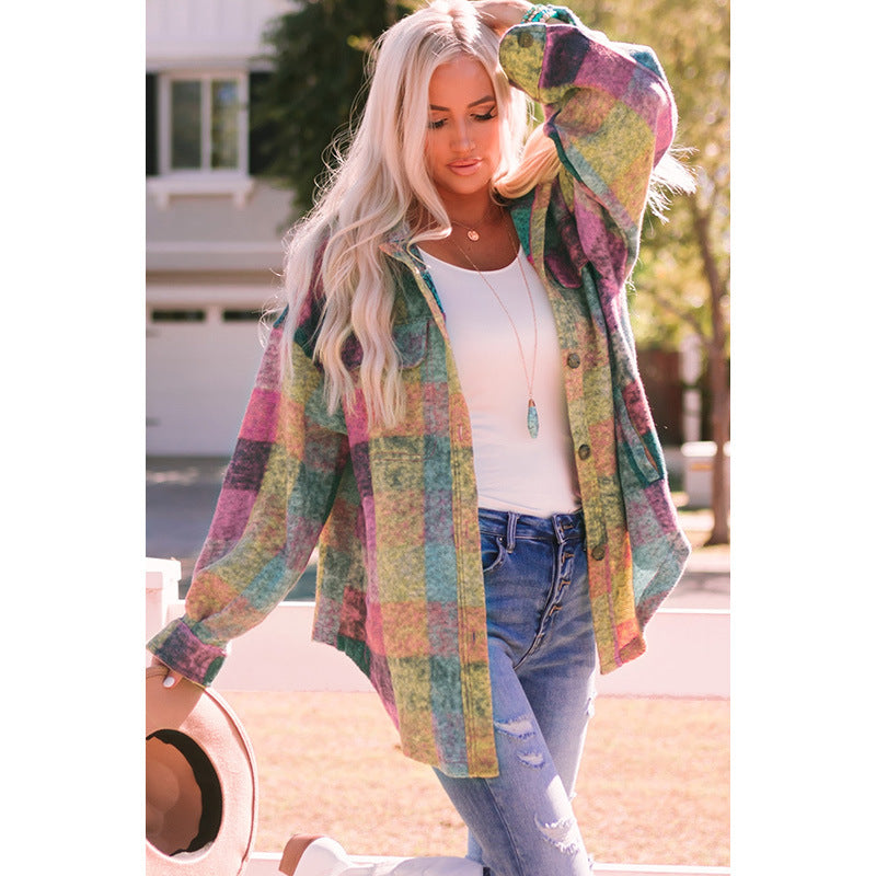 Autumn New Loose Multi-Color Long-Sleeved Coat Women Long Casual Fleece Plaid Jacket Women