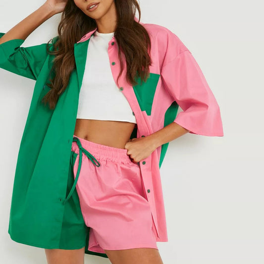 Spring And Summer New Casual Suit Women Color Collocation Oversized Sleeved Shirt Blouse Elastic Waist Shorts Two-Piece Set