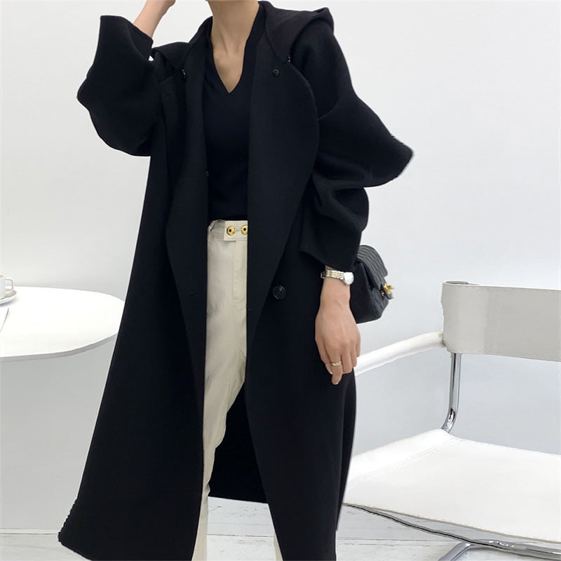 Hooded Long Autumn And Winter New Loose And Lazy Woolen Coat Double-Sided Wool Coat Woman