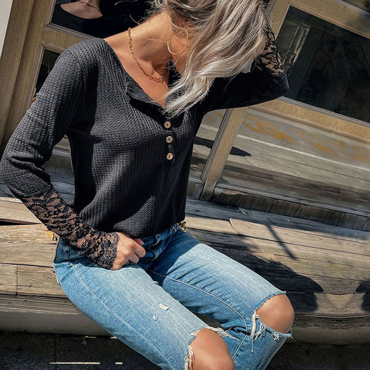 Early Autumn Casual Women's Long-Sleeved Lace Bottom Black Knitwear