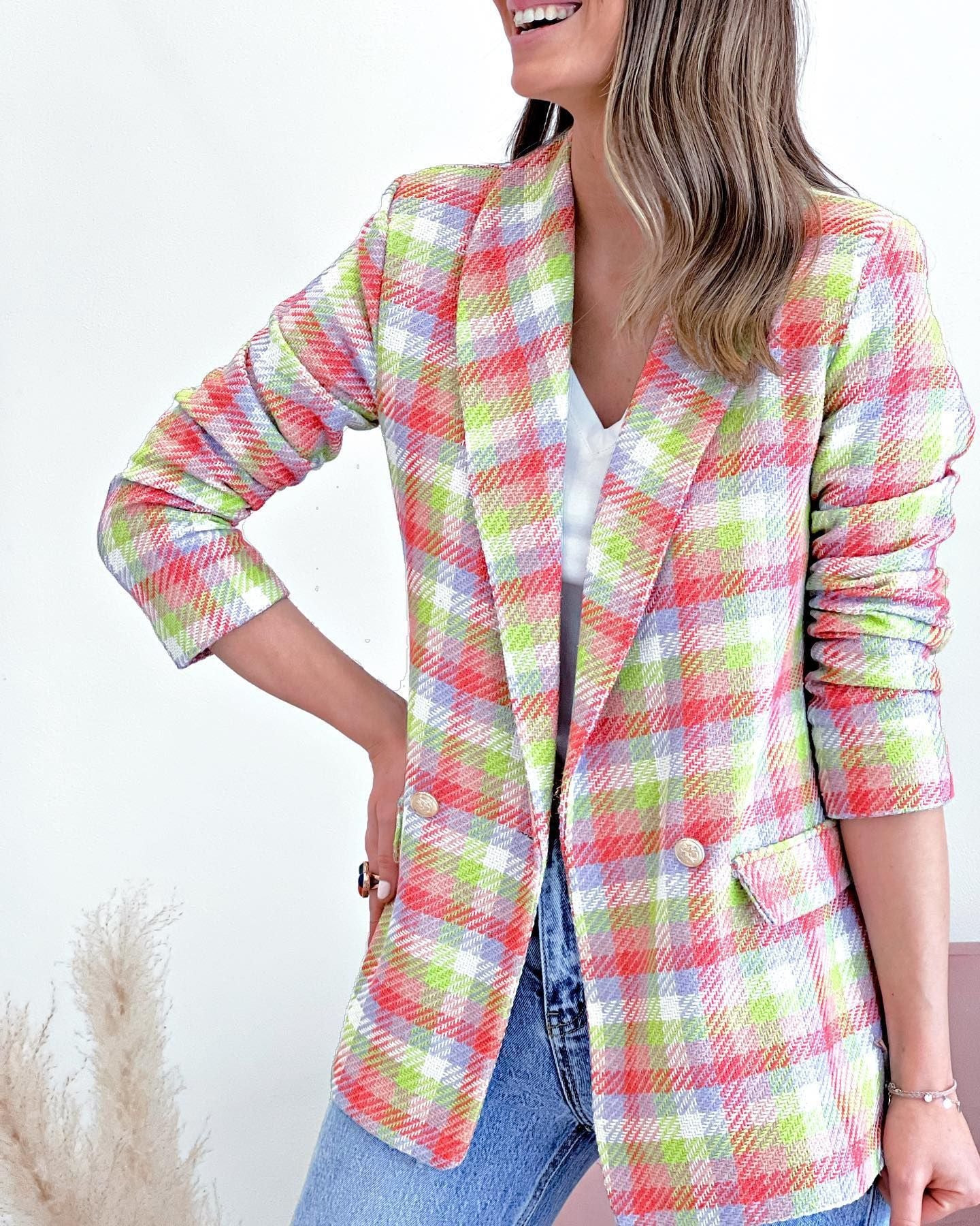 Autumn And Winter New Long-Sleeve Pocket Print Plaid Slim Coat Woman