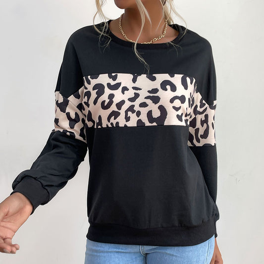 Early Autumn New  Women's Pullover Splicing Round Neck Black Leopard Print Hoodie