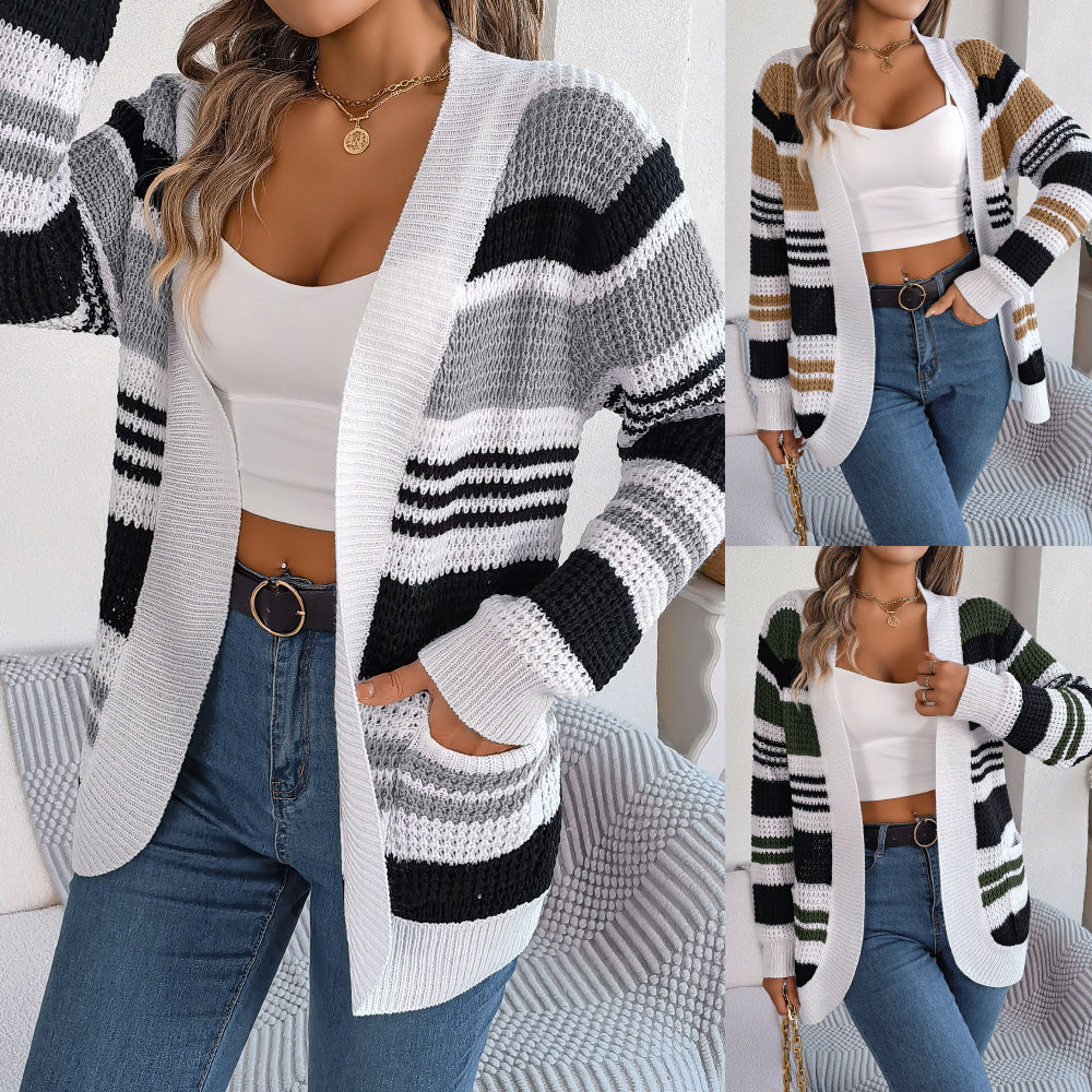 New Autumn And Winter Casual Color Contrast Striped Pocket Long Sleeve Sweater Cardigan Coat Women's Wear