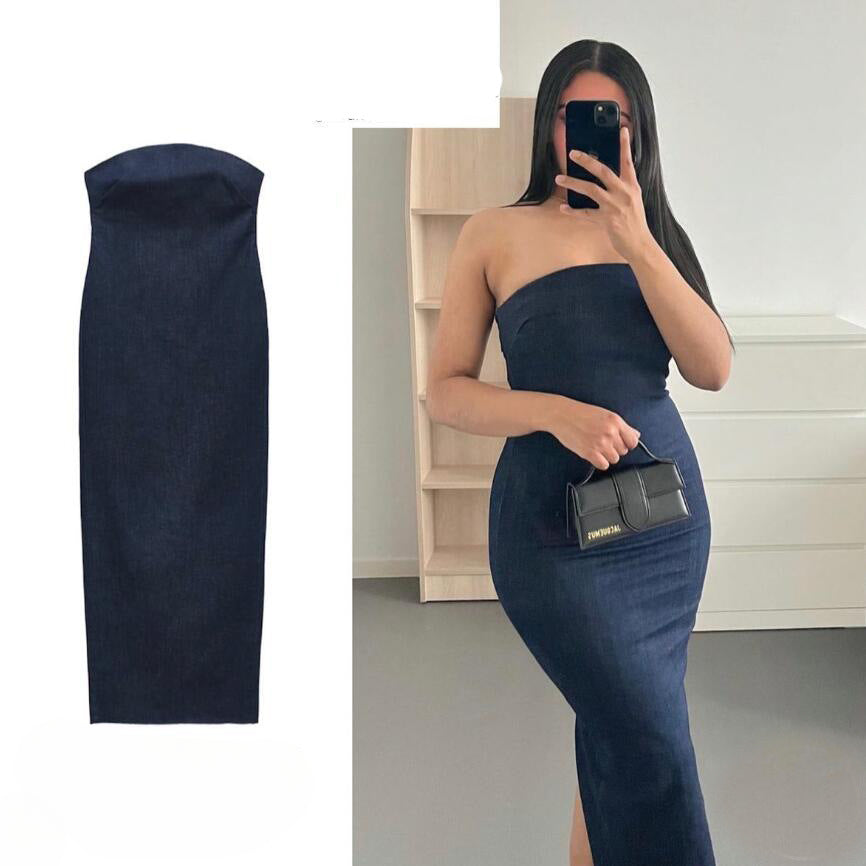 Wind Spring Summer New Rear Zipper Denim Wrap Dress For Women