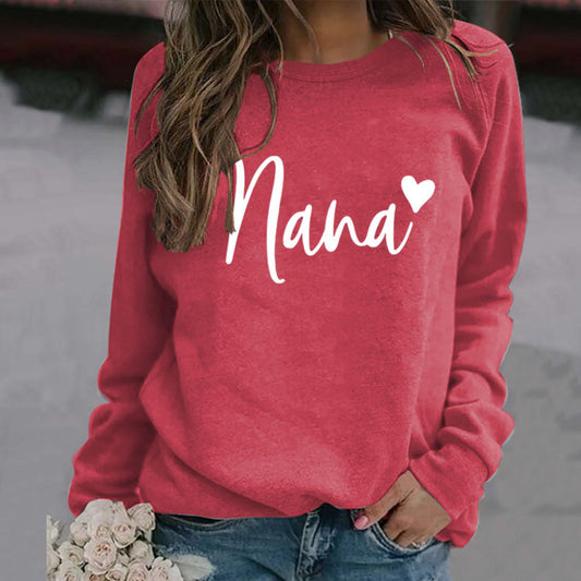 Nana Love Letter Printed Round Neck Long Sleeve Loose Plus Size Hoodie