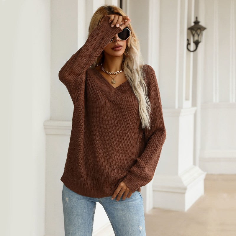 Autumn Fashion Women's Long-Sleeved Solid Color V-Neck Sweater