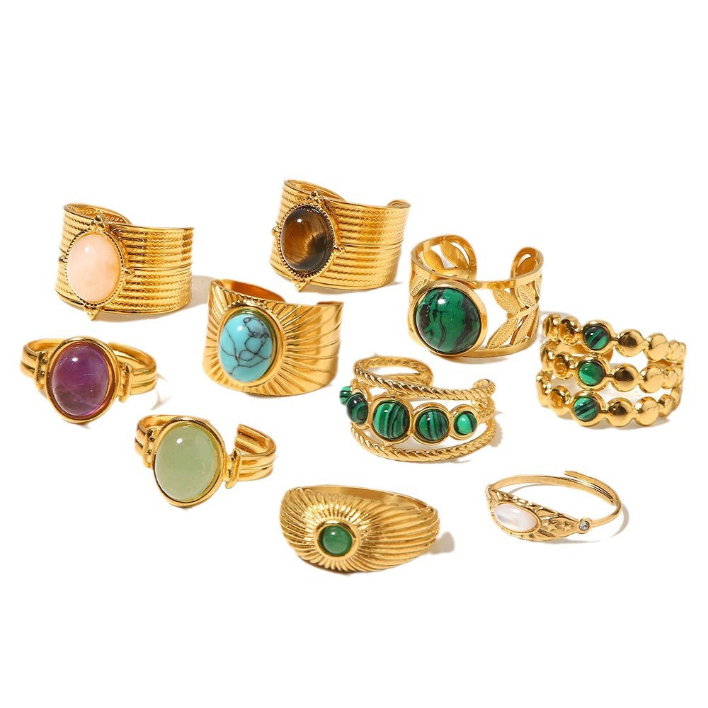 5pcs Vintage Stainless Steel Ring 18K Gold Plated Ring Set With Malachite Jewelry Accessories