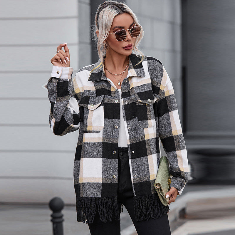 Autumn New Plaid Print Long-Sleeved Coat Women Design Sense Of Furred Edge Lapel Jacket Women