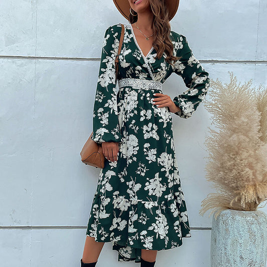 Fashion Women's Spring New Ruffled Long-Sleeve Printed Irregular Dress