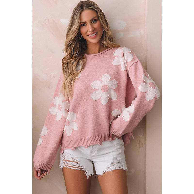 Autumn And Winter New Off-Shoulder Long Sleeve Top Woman Sweet Wind Beaded Printed Sweater Woman