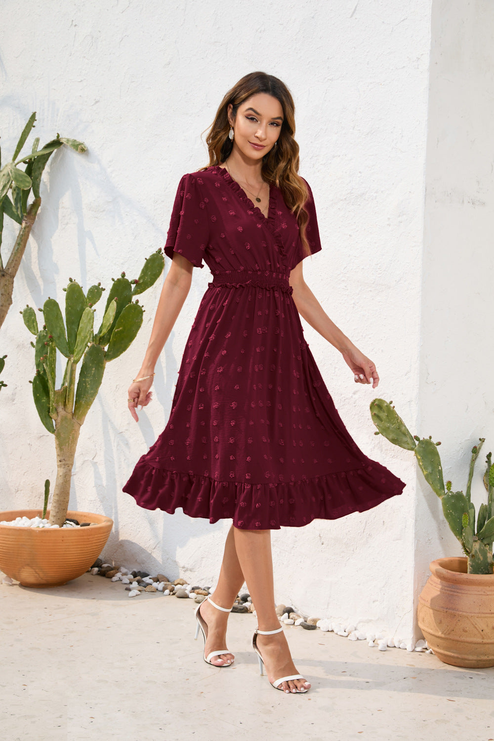 V-Neck High-Waist Lace-Up Dress Hairball Short-Sleeved Dress Casual Holiday Travel Skirt